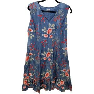Reba Women 12 Embroidered Chambray Denim Dress Floral Western Country Ruffle Hem